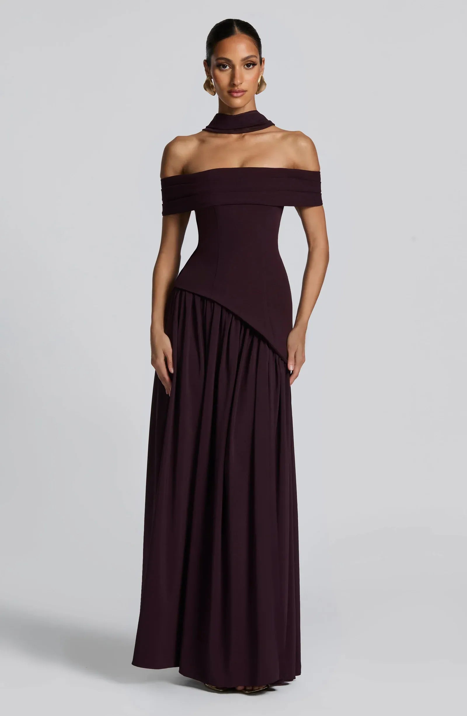 Off Shoulder Choker Neck Asymmetric Overlay High Slit Plum Crepe Two Tier Maxi Wedding Guest Dresses