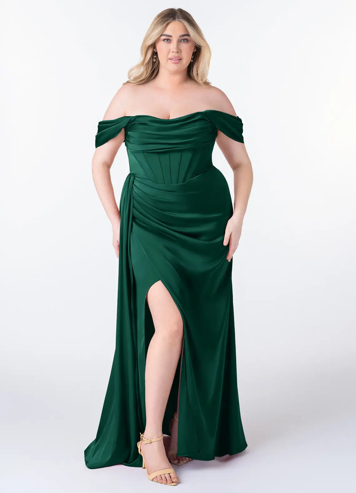 Off-Shoulder Corset Drape Slit Floor-Length Plus Size Bridesmaid Dress