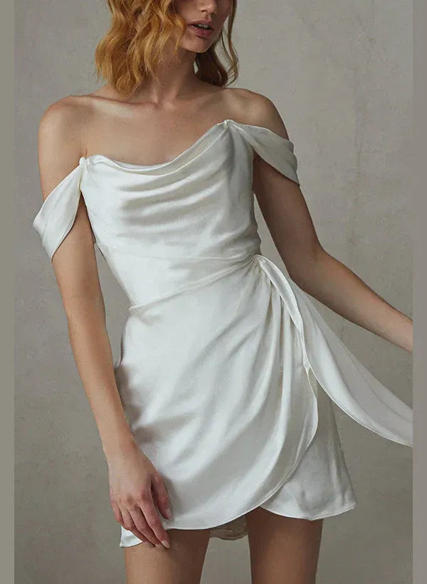 Off Shoulder Cowl Draped Ruched Wrap Mini Gloss Satin Wedding Reception Dress