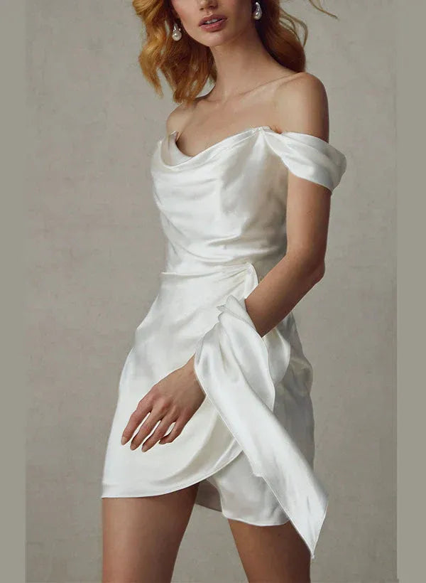 Off Shoulder Cowl Draped Ruched Wrap Mini Gloss Satin Wedding Reception Dress