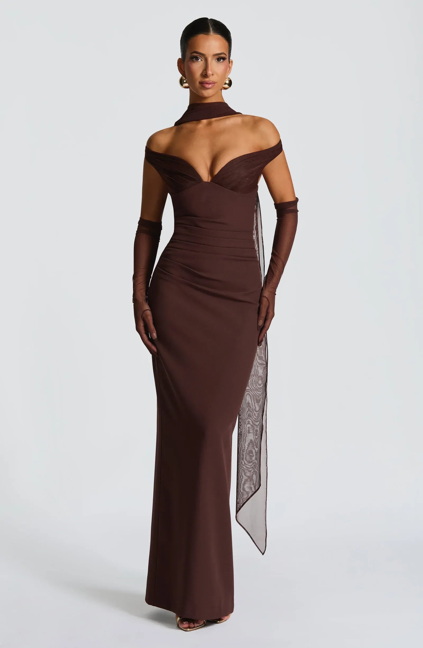 Off Shoulder Deep V Ruched Waist Choker Sash Mesh Gloves Chocolate Brown Crepe Mermaid Maxi Wedding Guest Dresses