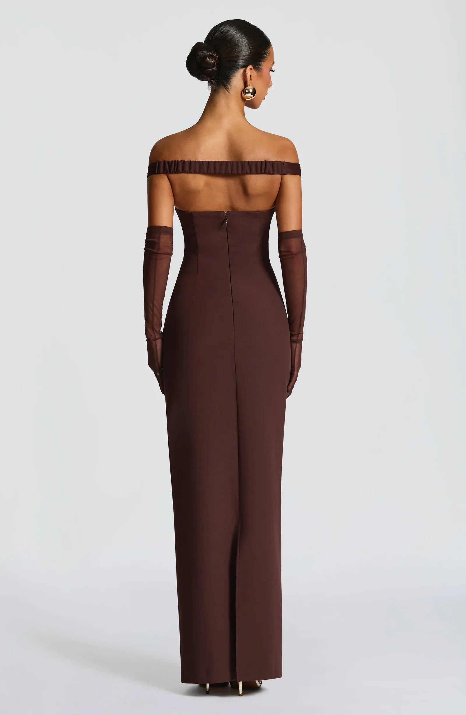 Off Shoulder Deep V Ruched Waist Choker Sash Mesh Gloves Chocolate Brown Crepe Mermaid Maxi Wedding Guest Dresses