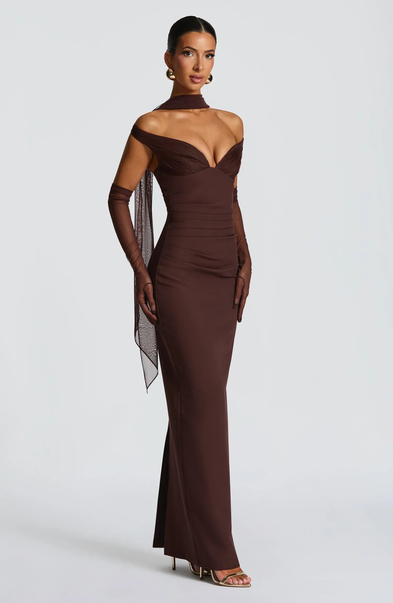 Off Shoulder Deep V Ruched Waist Choker Sash Mesh Gloves Chocolate Brown Crepe Mermaid Maxi Wedding Guest Dresses