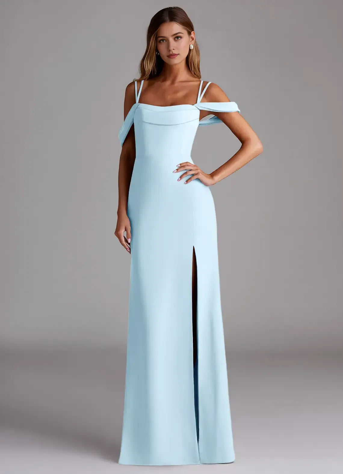 Off Shoulder Double Spaghetti Strap Cross Back High Slit Chiffon Long Bridesmaid Dress