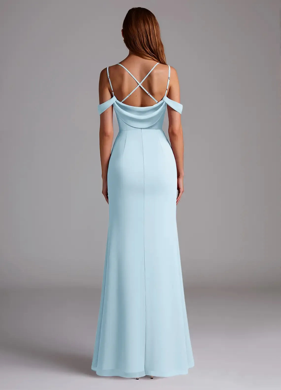 Off Shoulder Double Spaghetti Strap Cross Back High Slit Chiffon Long Bridesmaid Dress