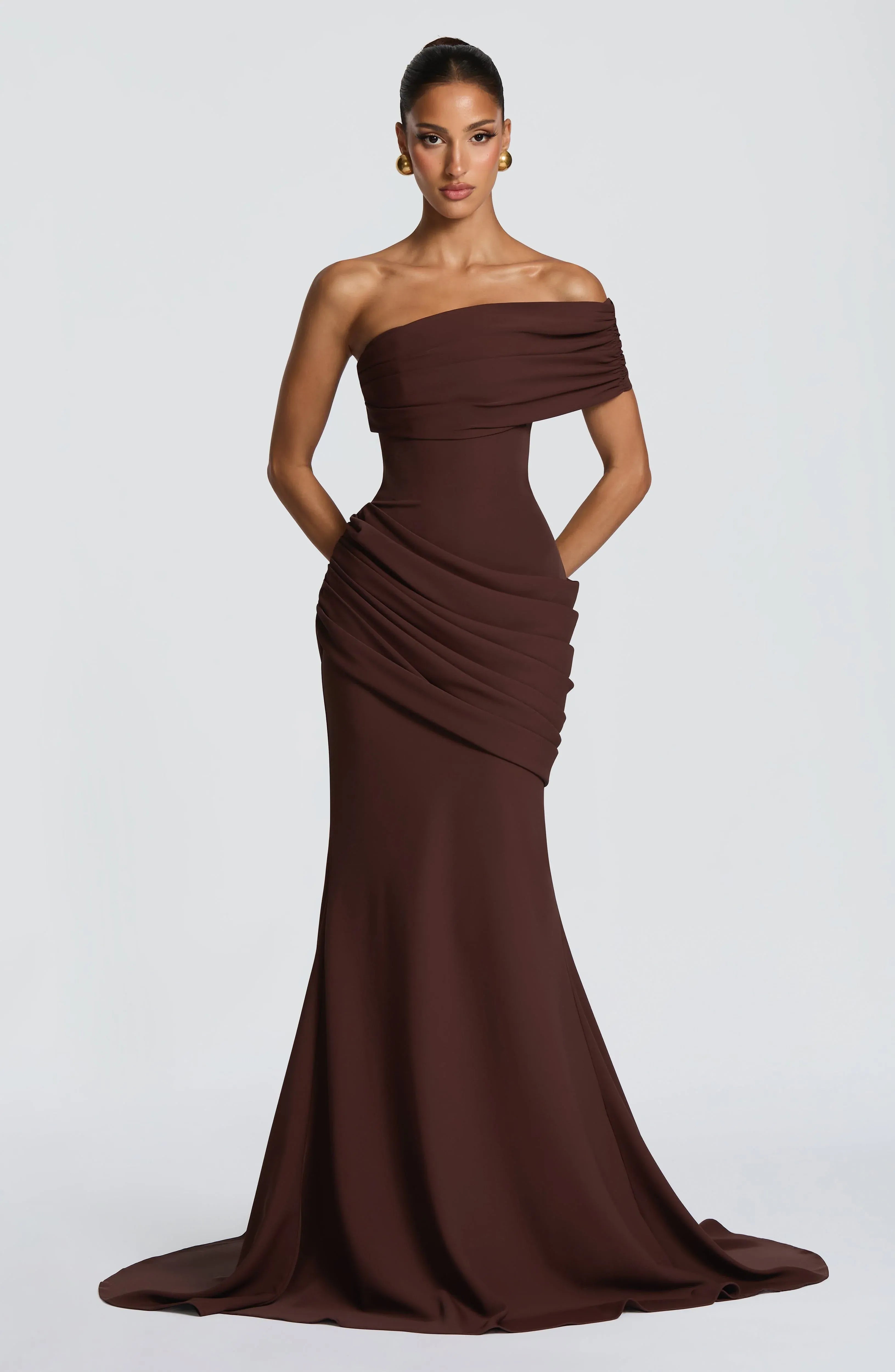 Off Shoulder Draped Ruched Waist Train Dark Brown Crepe Mermaid Maxi Wedding Guest Dresses