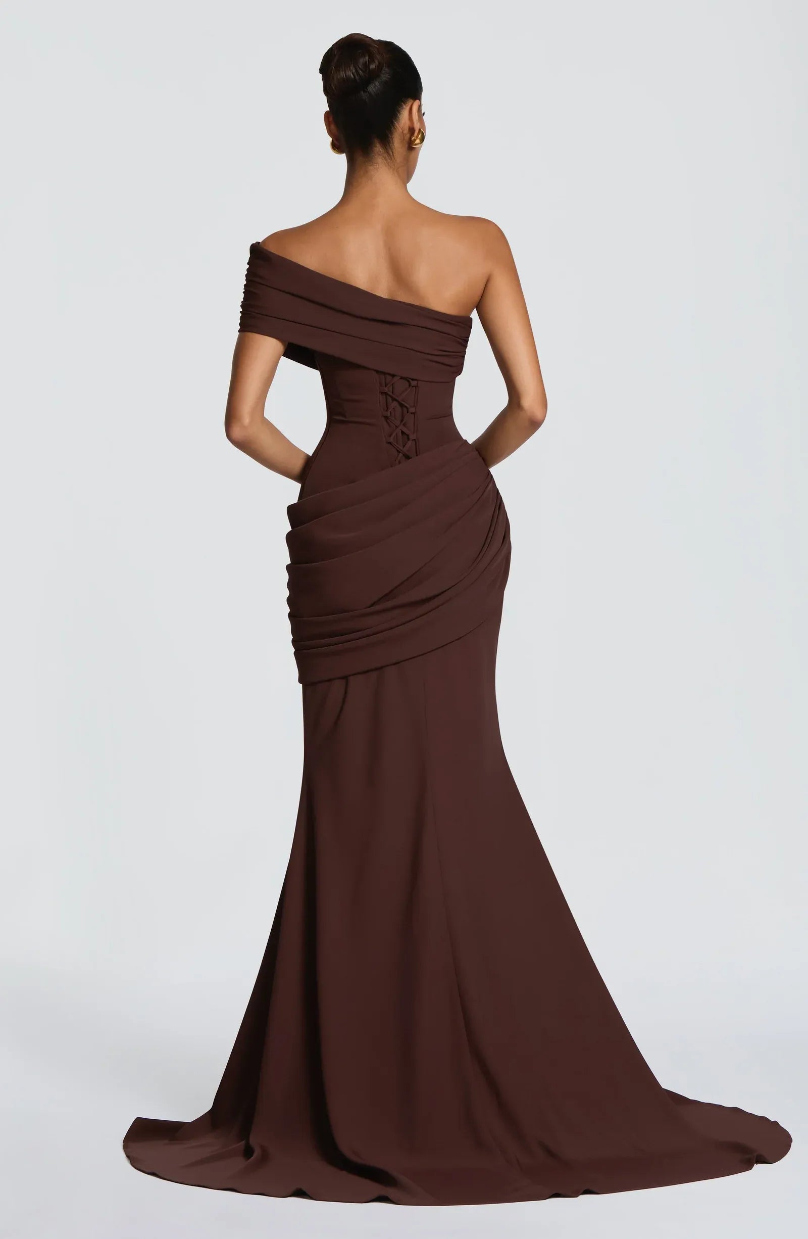 Off Shoulder Draped Ruched Waist Train Dark Brown Crepe Mermaid Maxi Wedding Guest Dresses