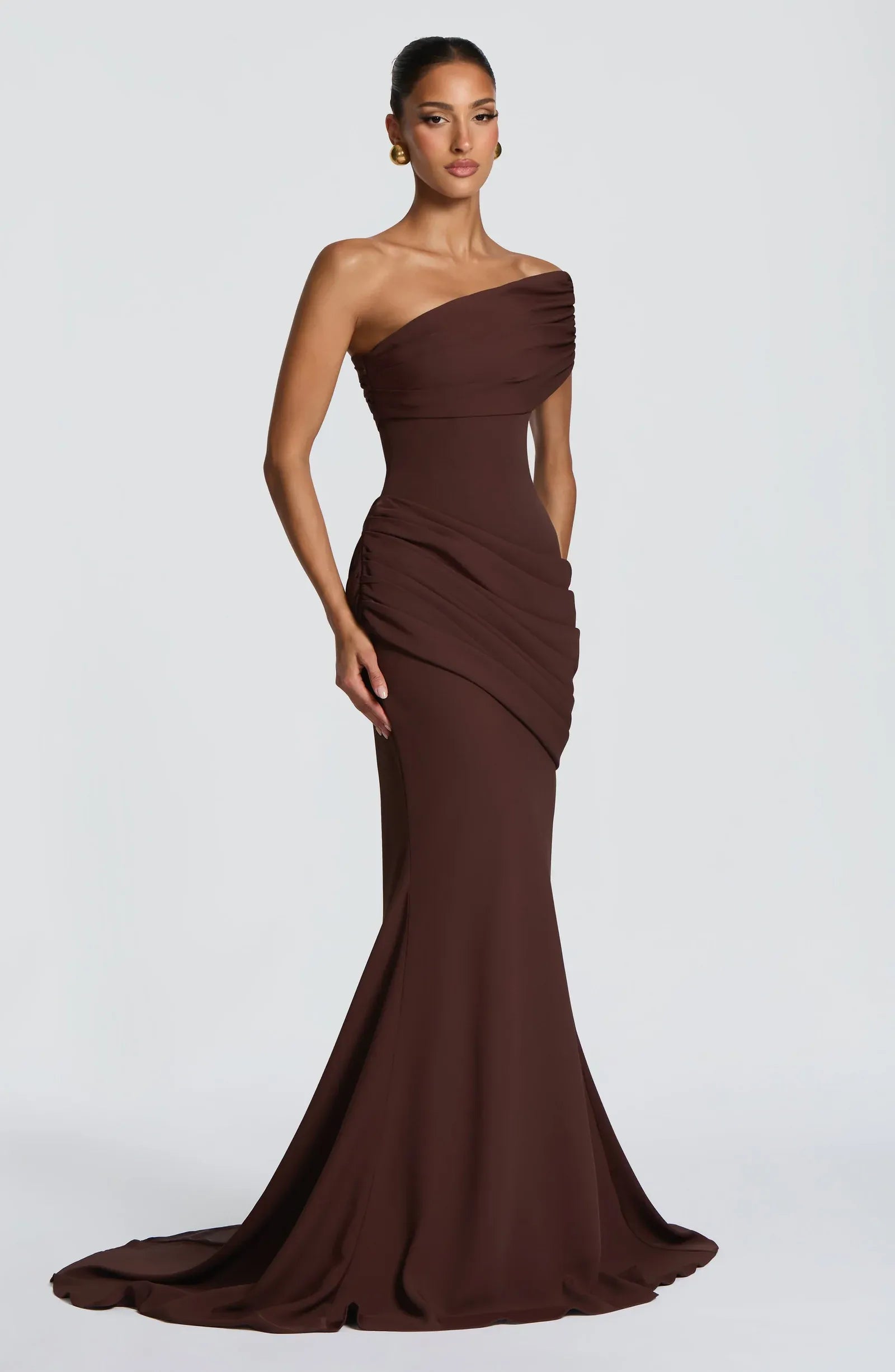 Off Shoulder Draped Ruched Waist Train Dark Brown Crepe Mermaid Maxi Wedding Guest Dresses