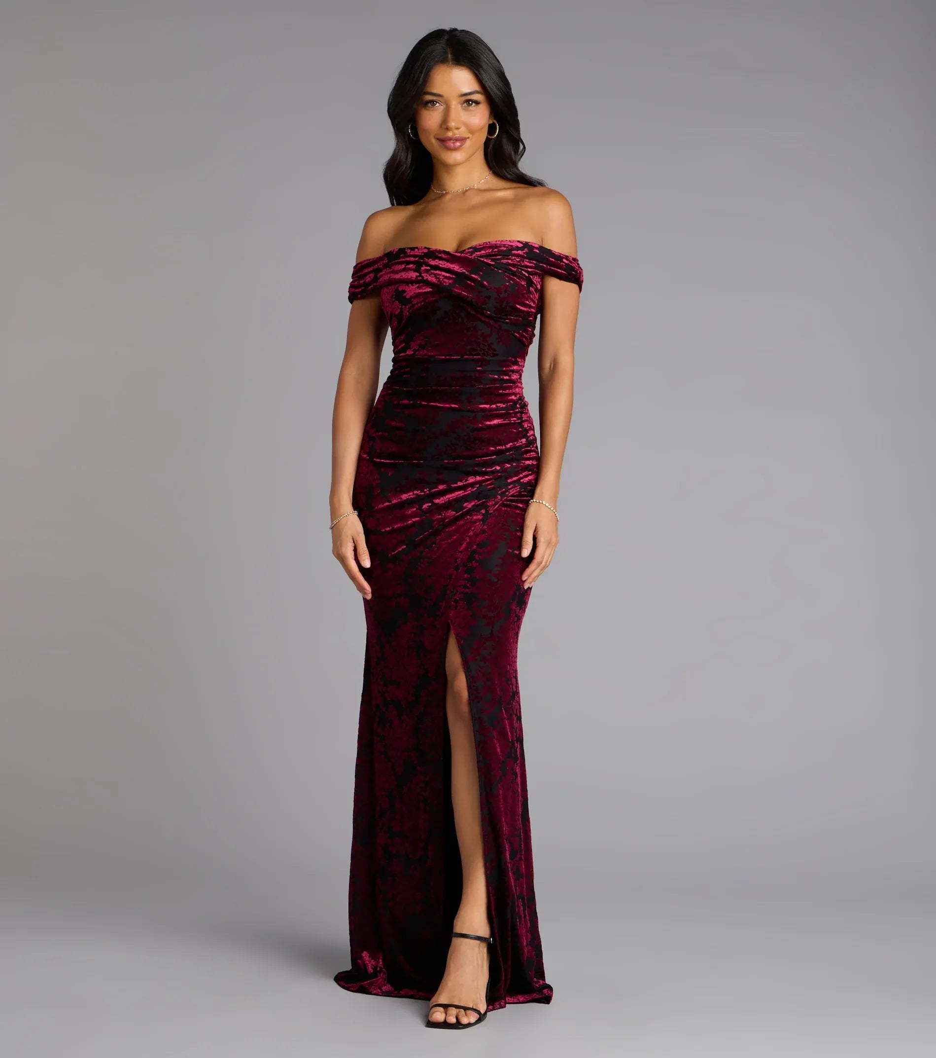 Off Shoulder Floral Flocked Velvet Side Ruched High Slit Mermaid Maxi Wedding Guest Dress