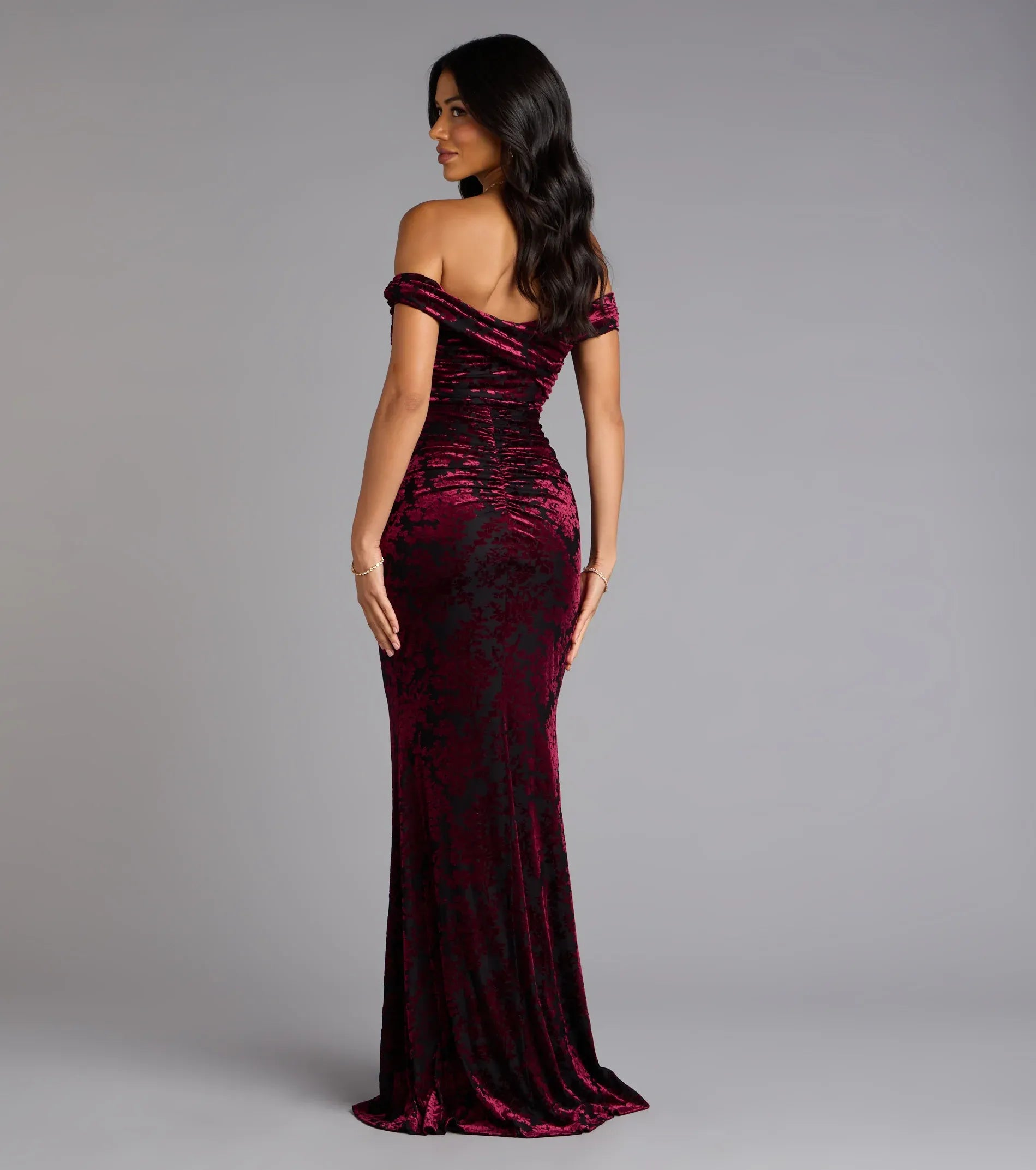 Off Shoulder Floral Flocked Velvet Side Ruched High Slit Mermaid Maxi Wedding Guest Dress