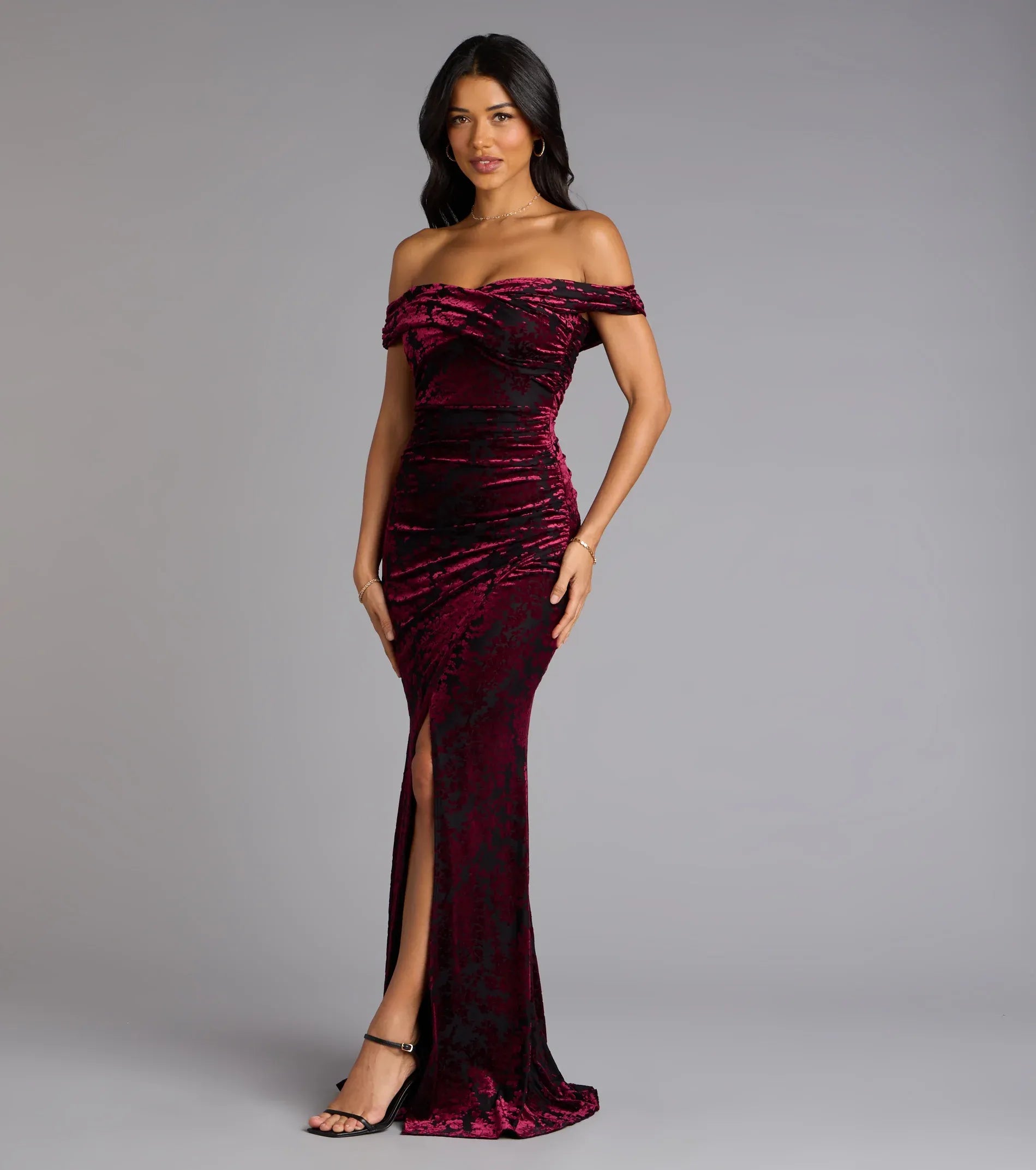 Off Shoulder Floral Flocked Velvet Side Ruched High Slit Mermaid Maxi Wedding Guest Dress