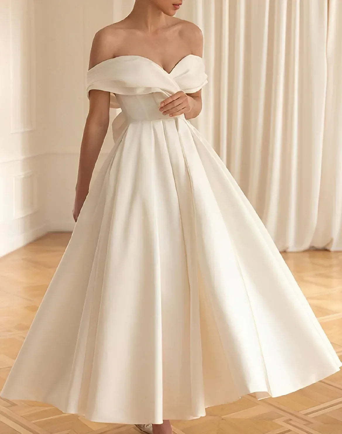 Off Shoulder Fold Cuff Big Back Bow Matte Satin Midi A-Line Wedding Reception Dress