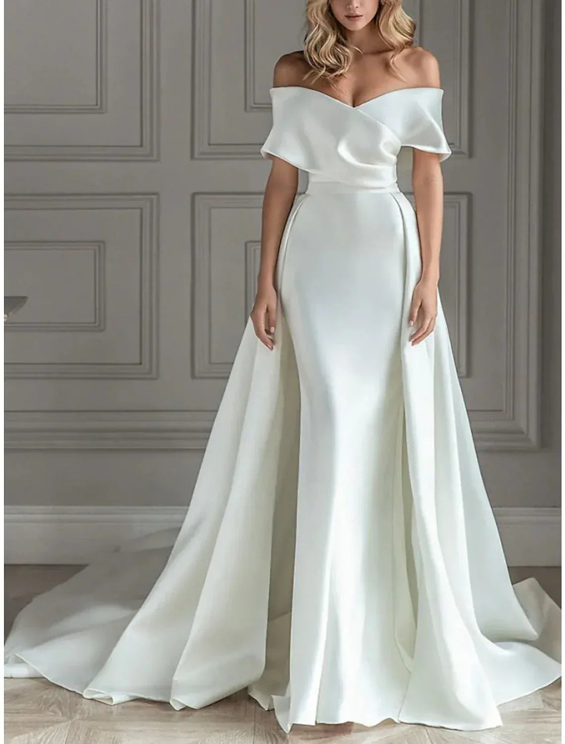 Off Shoulder Fold Cuff Wrap Bodice Gloss Satin Mermaid Oversized Train Wedding Dress