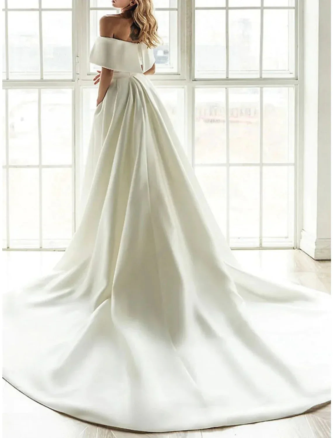 Off Shoulder Fold Cuff Wrap Bodice Gloss Satin Mermaid Oversized Train Wedding Dress