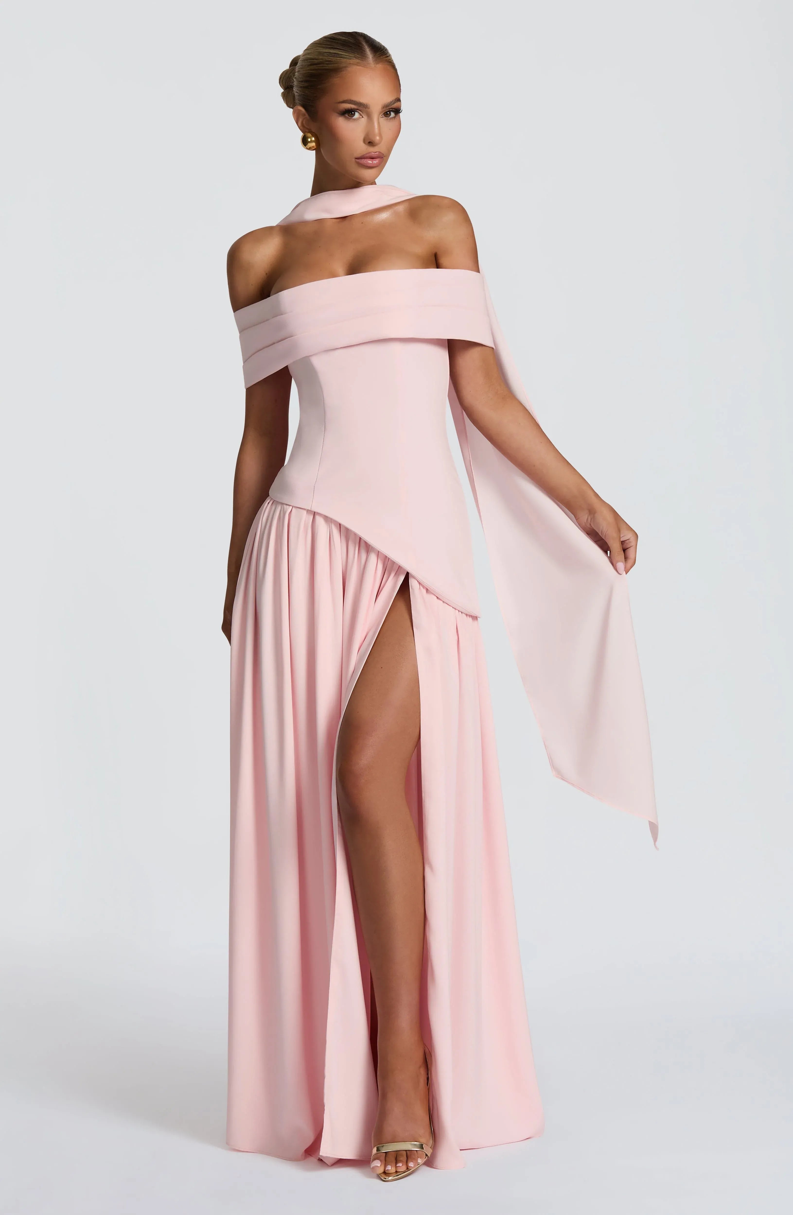 Off Shoulder Fold Neck Choker Sash Asymmetrical Corset High Slit Blush Two Fabric A Line Maxi Wedding Guest Dresses