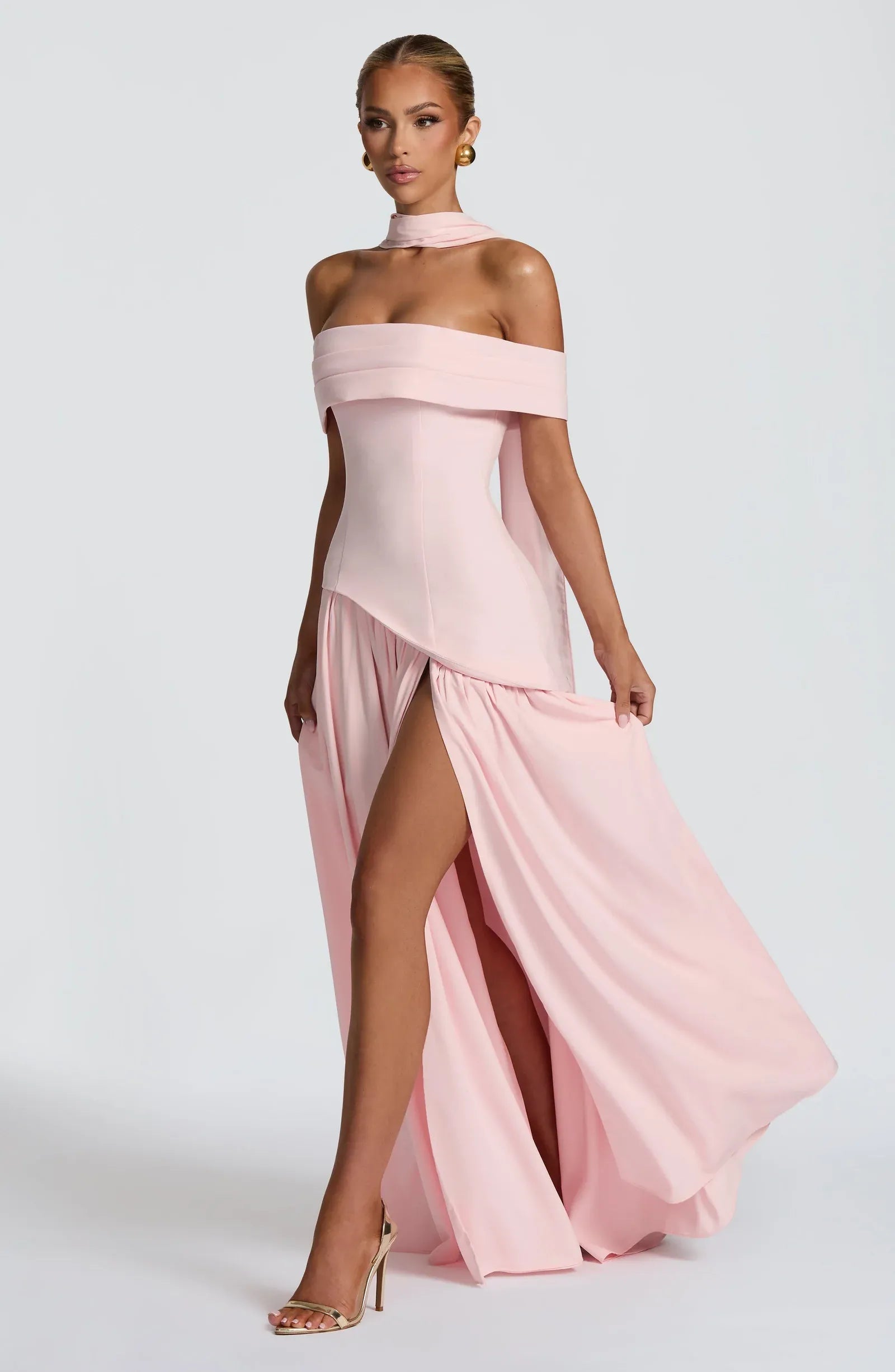 Off Shoulder Fold Neck Choker Sash Asymmetrical Corset High Slit Blush Two Fabric A Line Maxi Wedding Guest Dresses