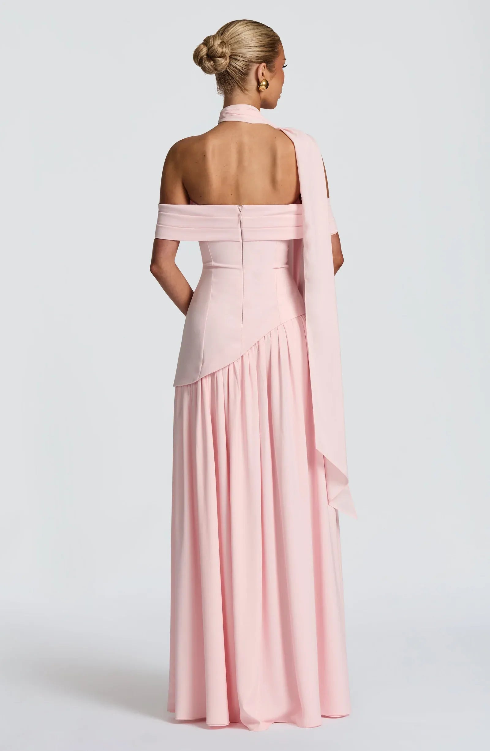 Off Shoulder Fold Neck Choker Sash Asymmetrical Corset High Slit Blush Two Fabric A Line Maxi Wedding Guest Dresses