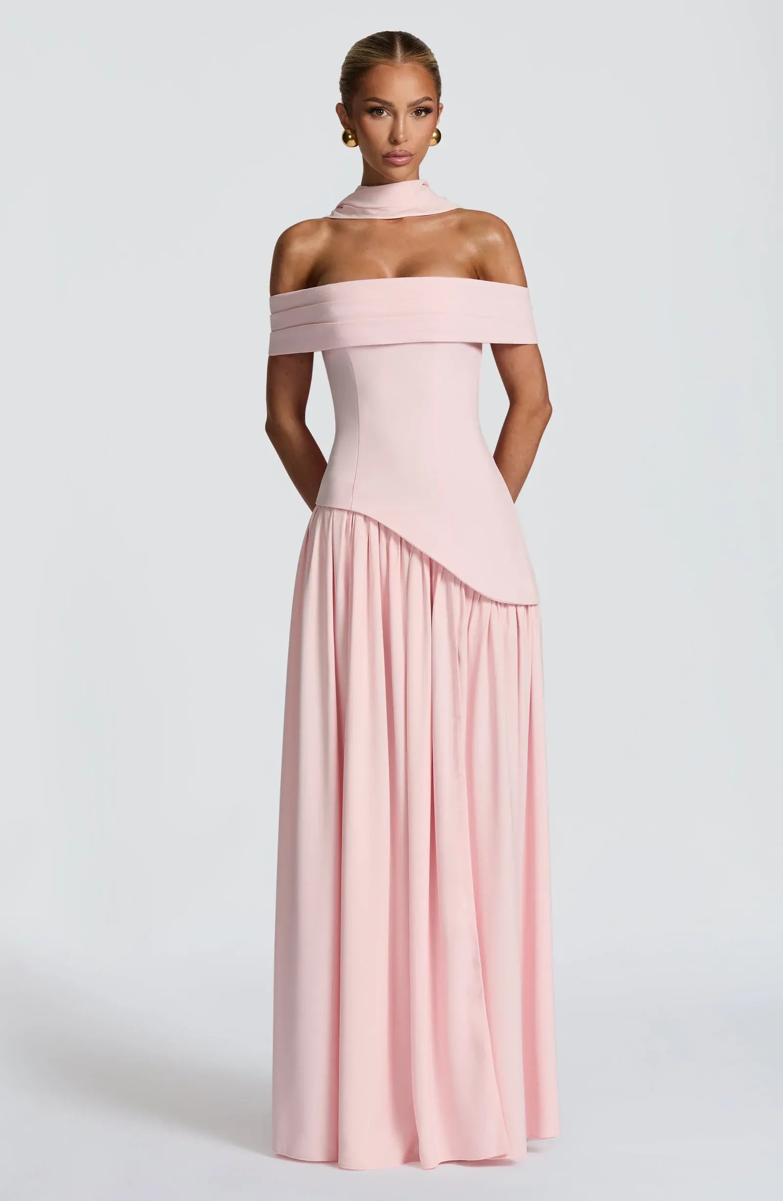 Off Shoulder Fold Neck Choker Sash Asymmetrical Corset High Slit Blush Two Fabric A Line Maxi Wedding Guest Dresses