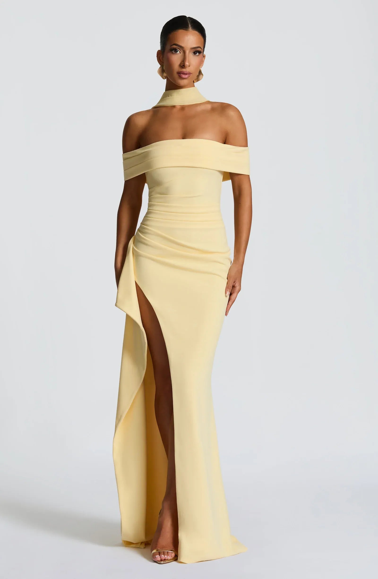 Off Shoulder Fold Neck Choker Side Ruched High Slit Ruffle Pale Yellow Mermaid Maxi Wedding Guest Dresses