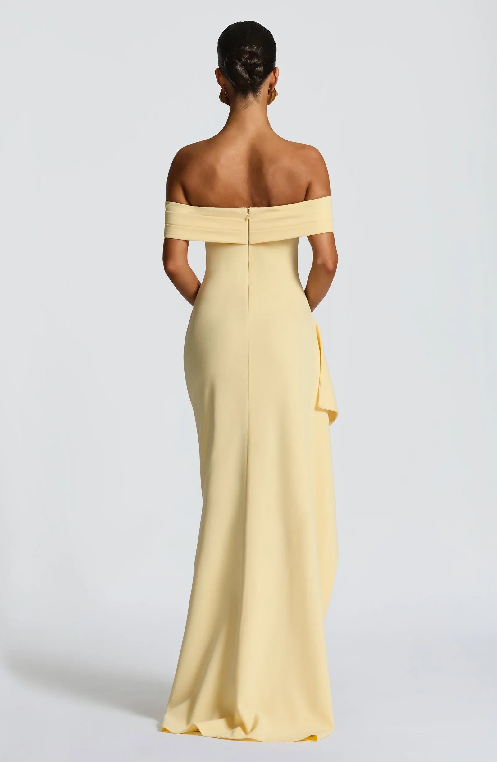 Off Shoulder Fold Neck Choker Side Ruched High Slit Ruffle Pale Yellow Mermaid Maxi Wedding Guest Dresses