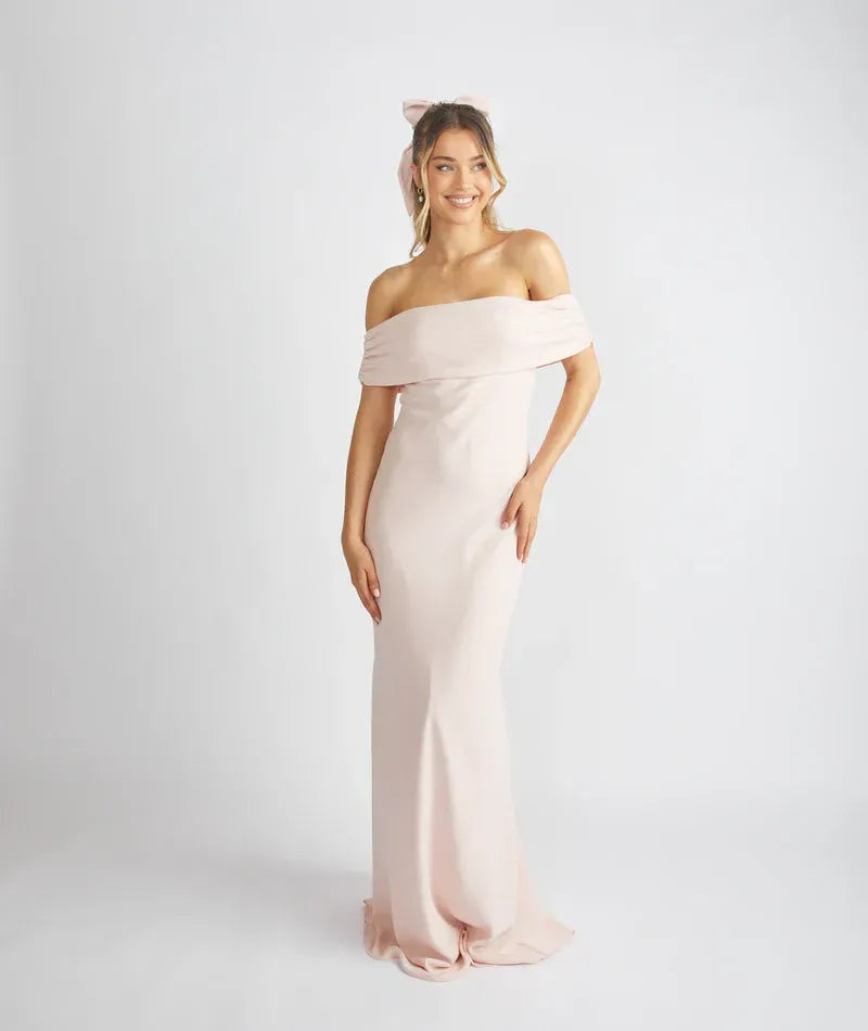 Off Shoulder Folded Neck Mermaid Satin Long Bridesmaid Dress