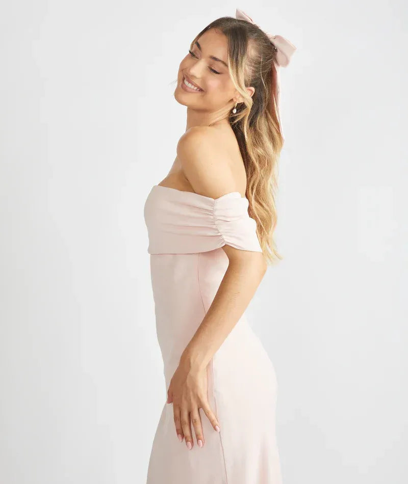 Off Shoulder Folded Neck Mermaid Satin Long Bridesmaid Dress