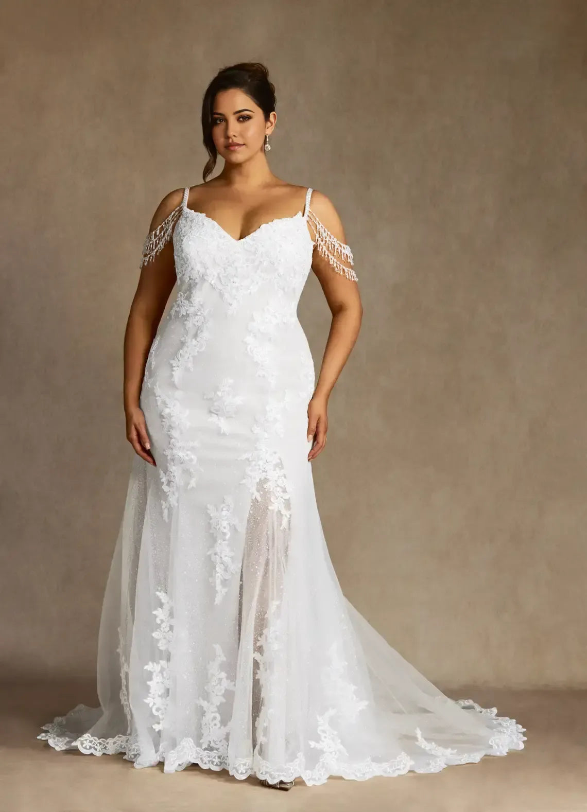Off Shoulder Fringe Tassel Strap Floral Lace Side Split Plus Size Mermaid Tulle Wedding Dress