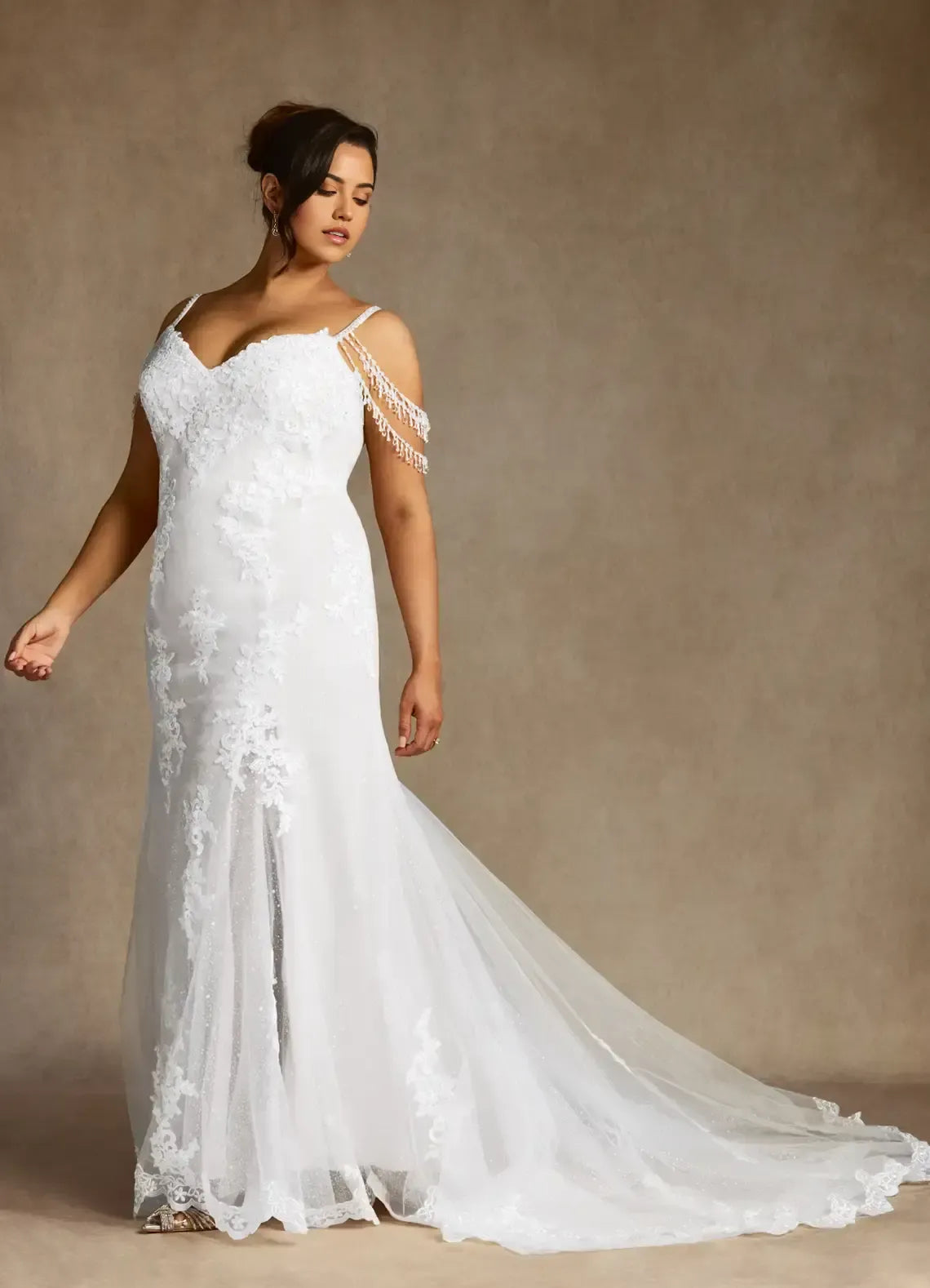 Off Shoulder Fringe Tassel Strap Floral Lace Side Split Plus Size Mermaid Tulle Wedding Dress