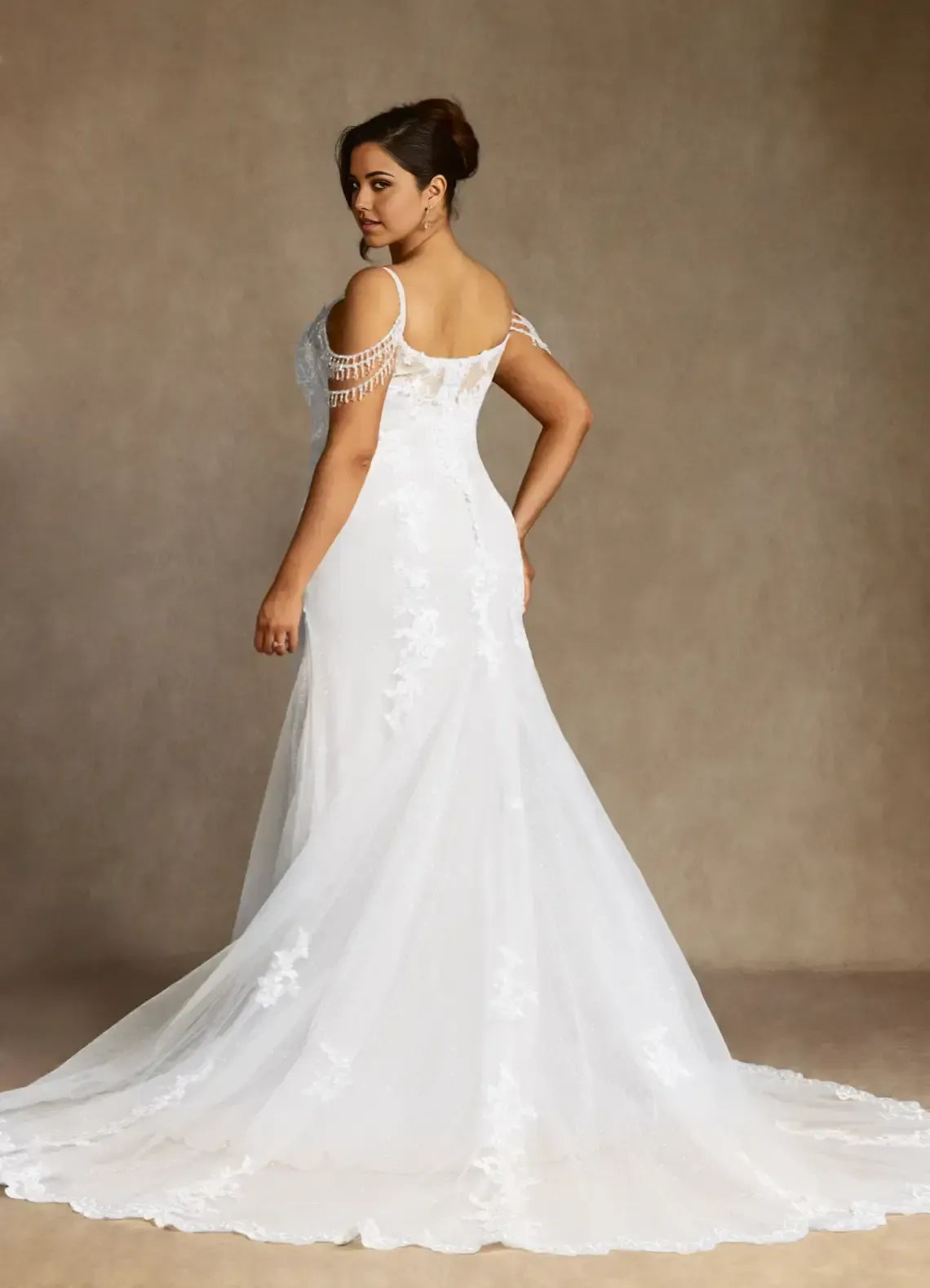 Off Shoulder Fringe Tassel Strap Floral Lace Side Split Plus Size Mermaid Tulle Wedding Dress