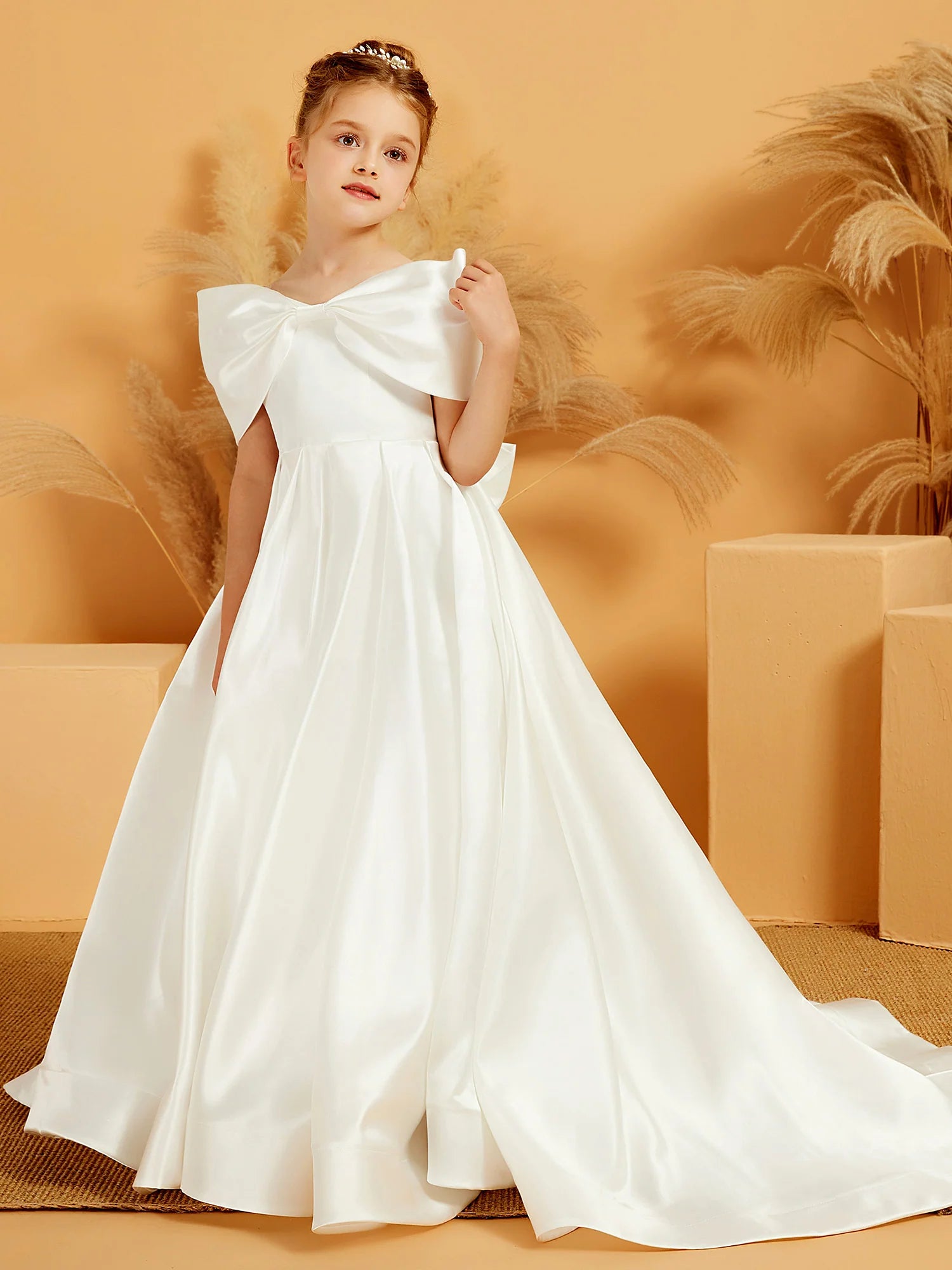 Off Shoulder Giant Bow Satin A Line Train White Formal Flower Girl Dresses