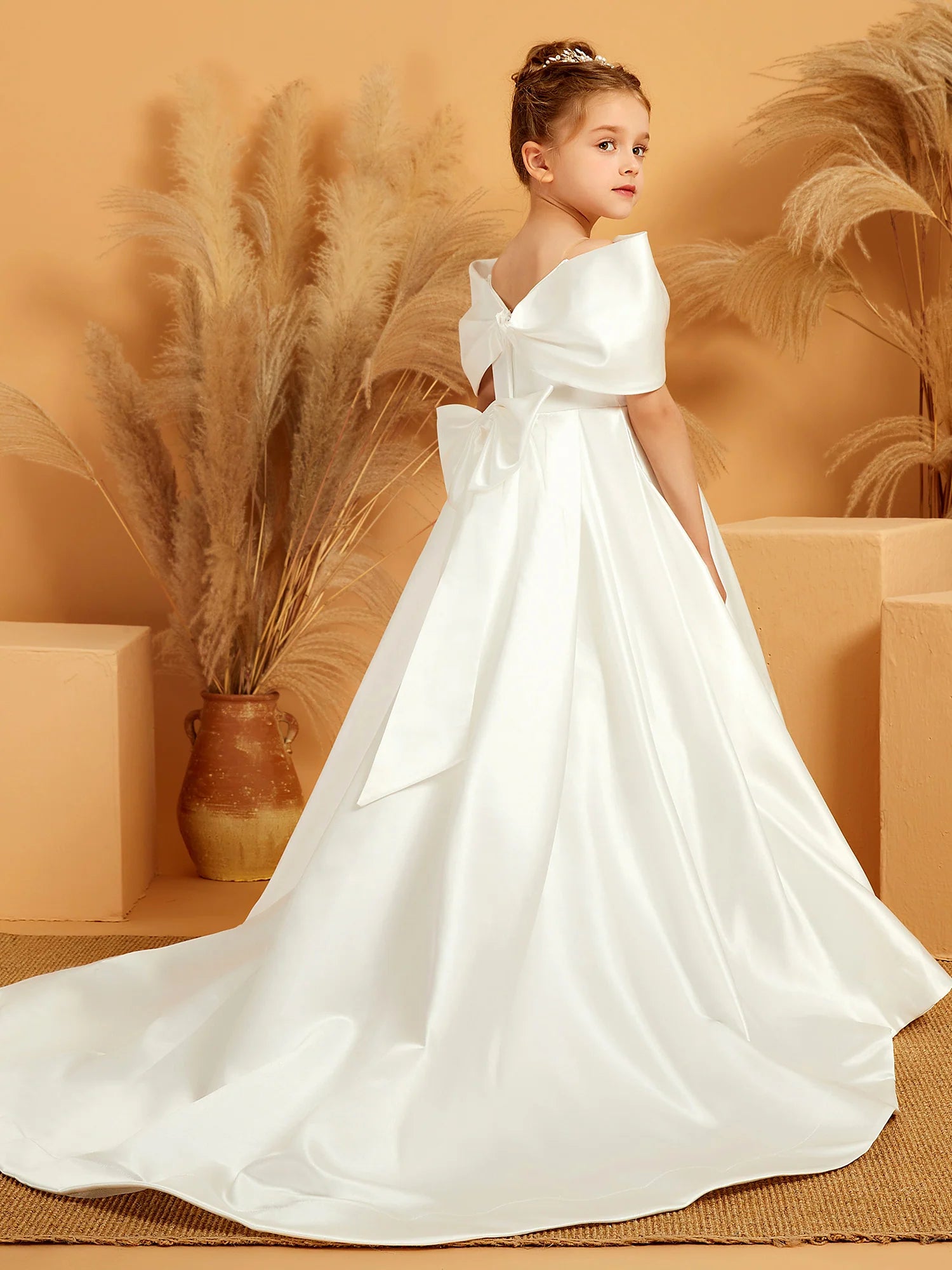 Off Shoulder Giant Bow Satin A Line Train White Formal Flower Girl Dresses