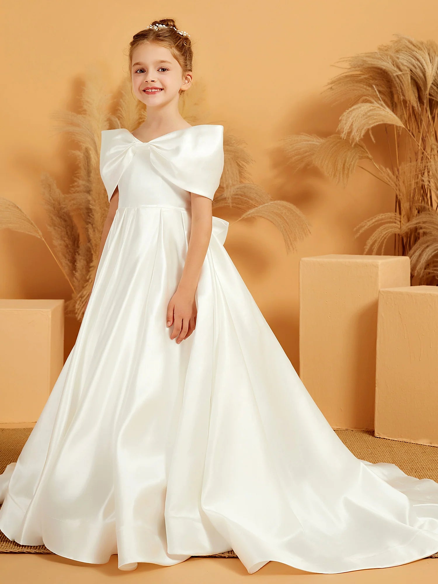 Off Shoulder Giant Bow Satin A Line Train White Formal Flower Girl Dresses