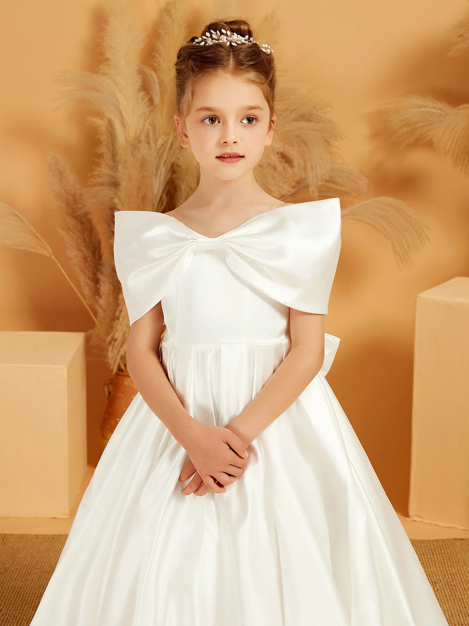 Off Shoulder Giant Bow Satin A Line Train White Formal Flower Girl Dresses