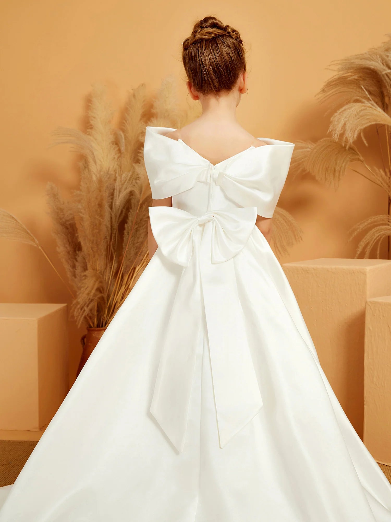Off Shoulder Giant Bow Satin A Line Train White Formal Flower Girl Dresses