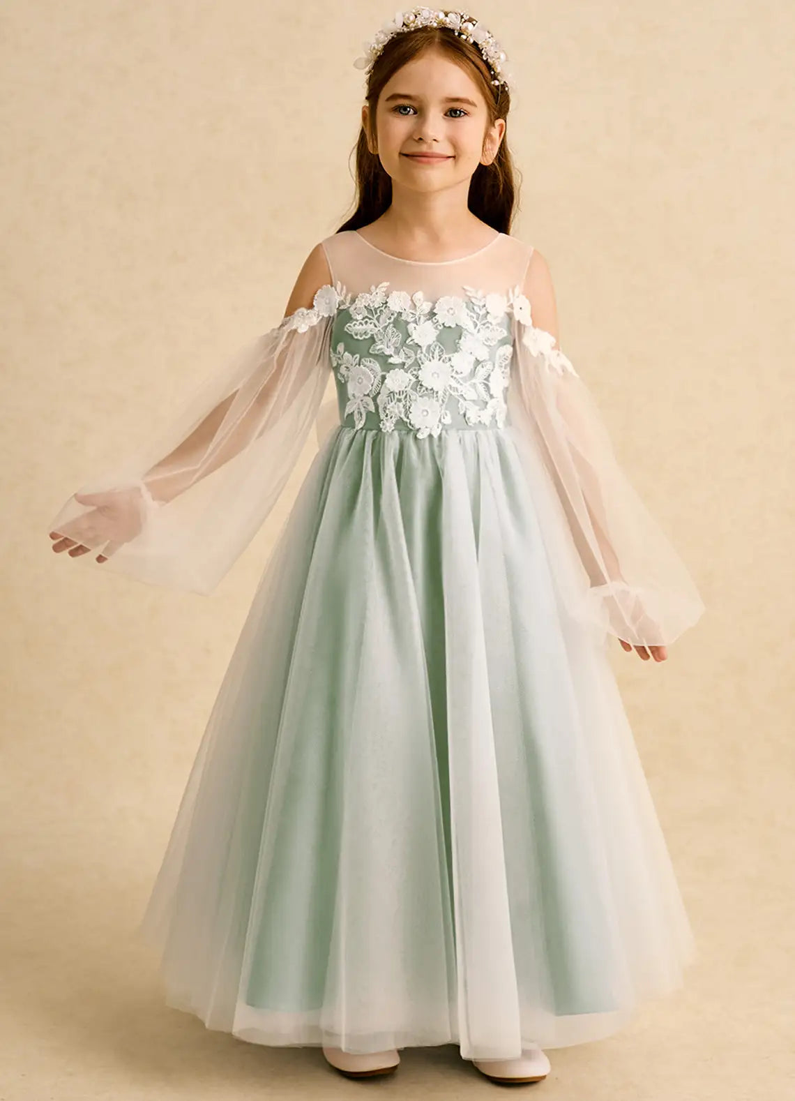 Off Shoulder Long Sheer Sleeve Illusion Lace V-Back Big Bow Sage Tulle Full Length Flower Girl Dresses
