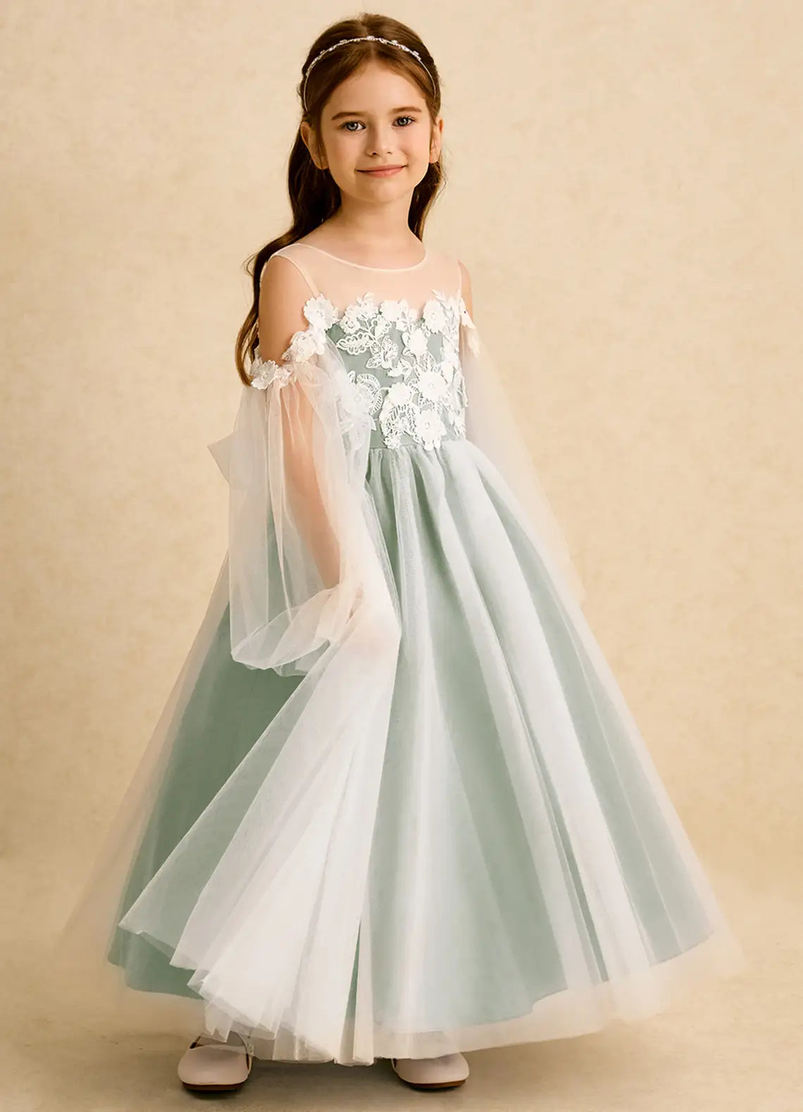 Off Shoulder Long Sheer Sleeve Illusion Lace V-Back Big Bow Sage Tulle Full Length Flower Girl Dresses