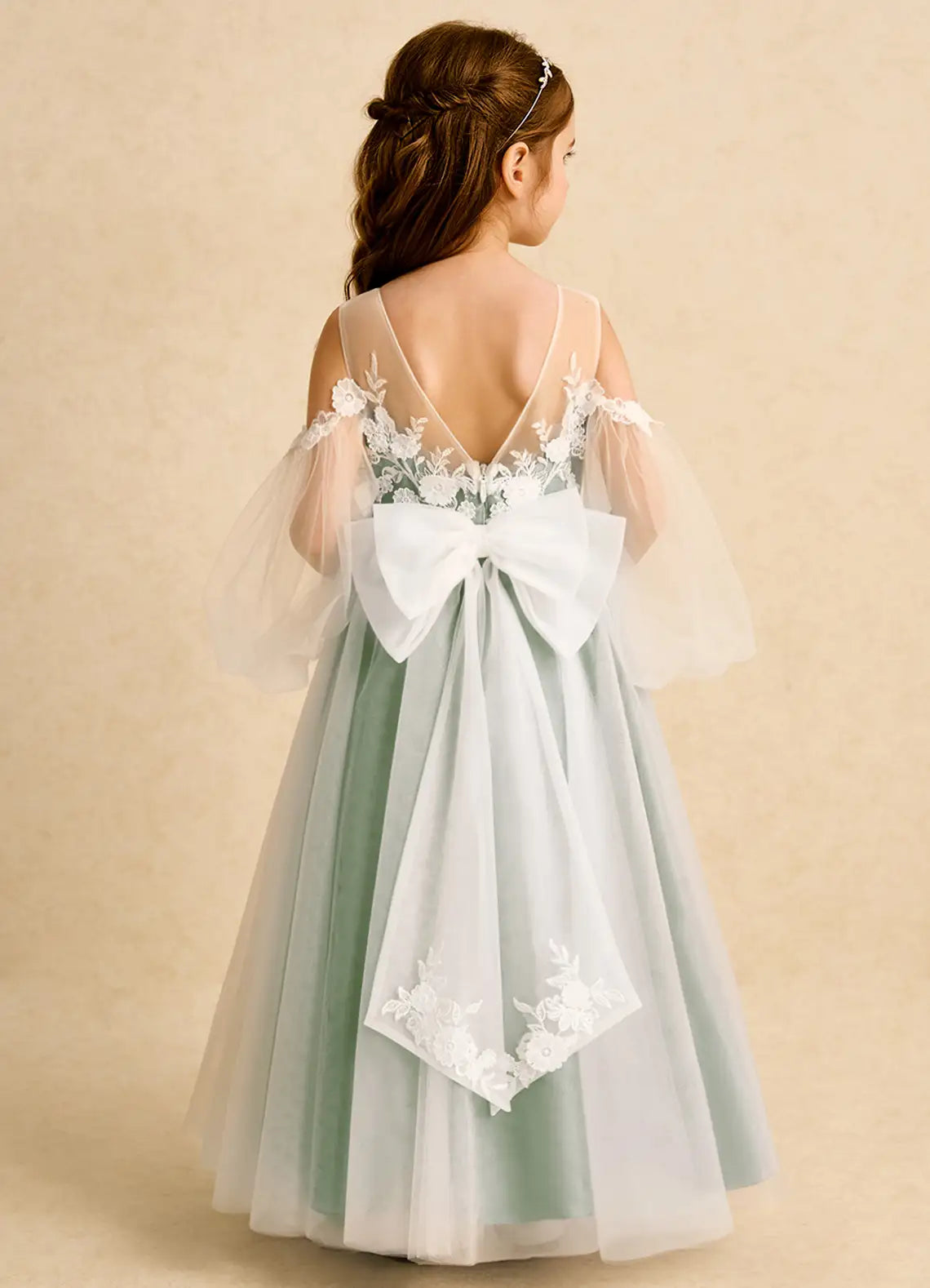 Off Shoulder Long Sheer Sleeve Illusion Lace V-Back Big Bow Sage Tulle Full Length Flower Girl Dresses