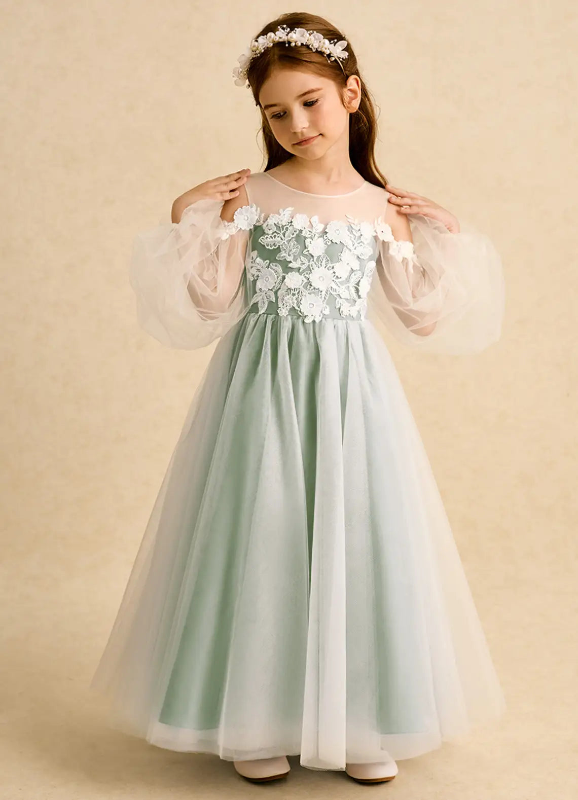 Off Shoulder Long Sheer Sleeve Illusion Lace V-Back Big Bow Sage Tulle Full Length Flower Girl Dresses