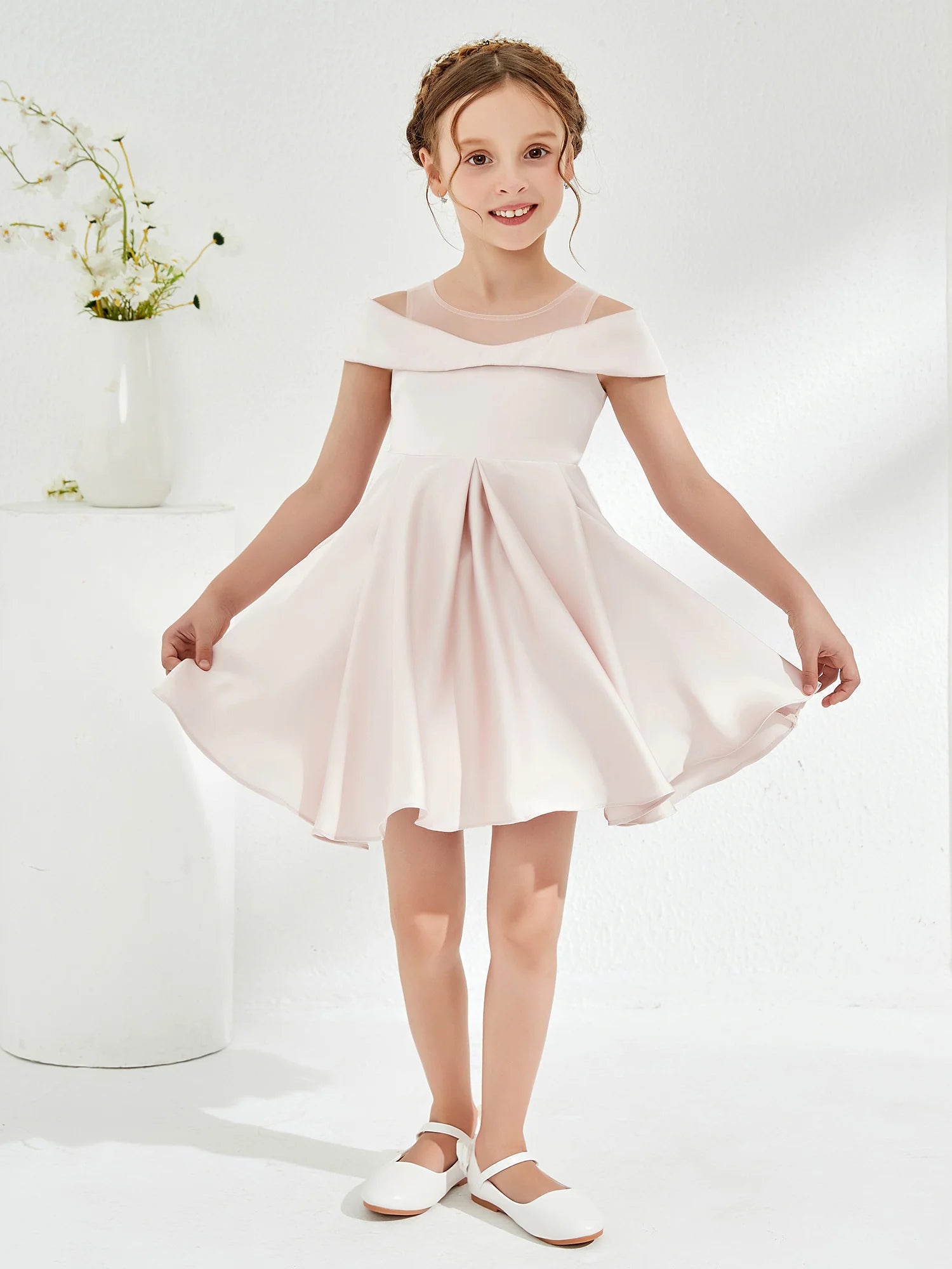 Off Shoulder Mesh Neck Pleated Blush Satin Knee Swing Flower Girl Dresses