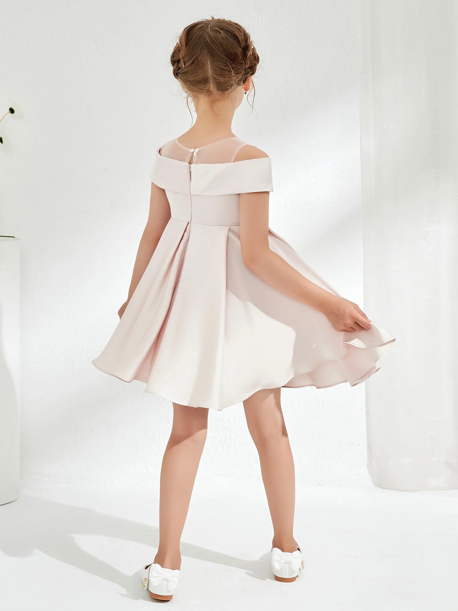 Off Shoulder Mesh Neck Pleated Blush Satin Knee Swing Flower Girl Dresses