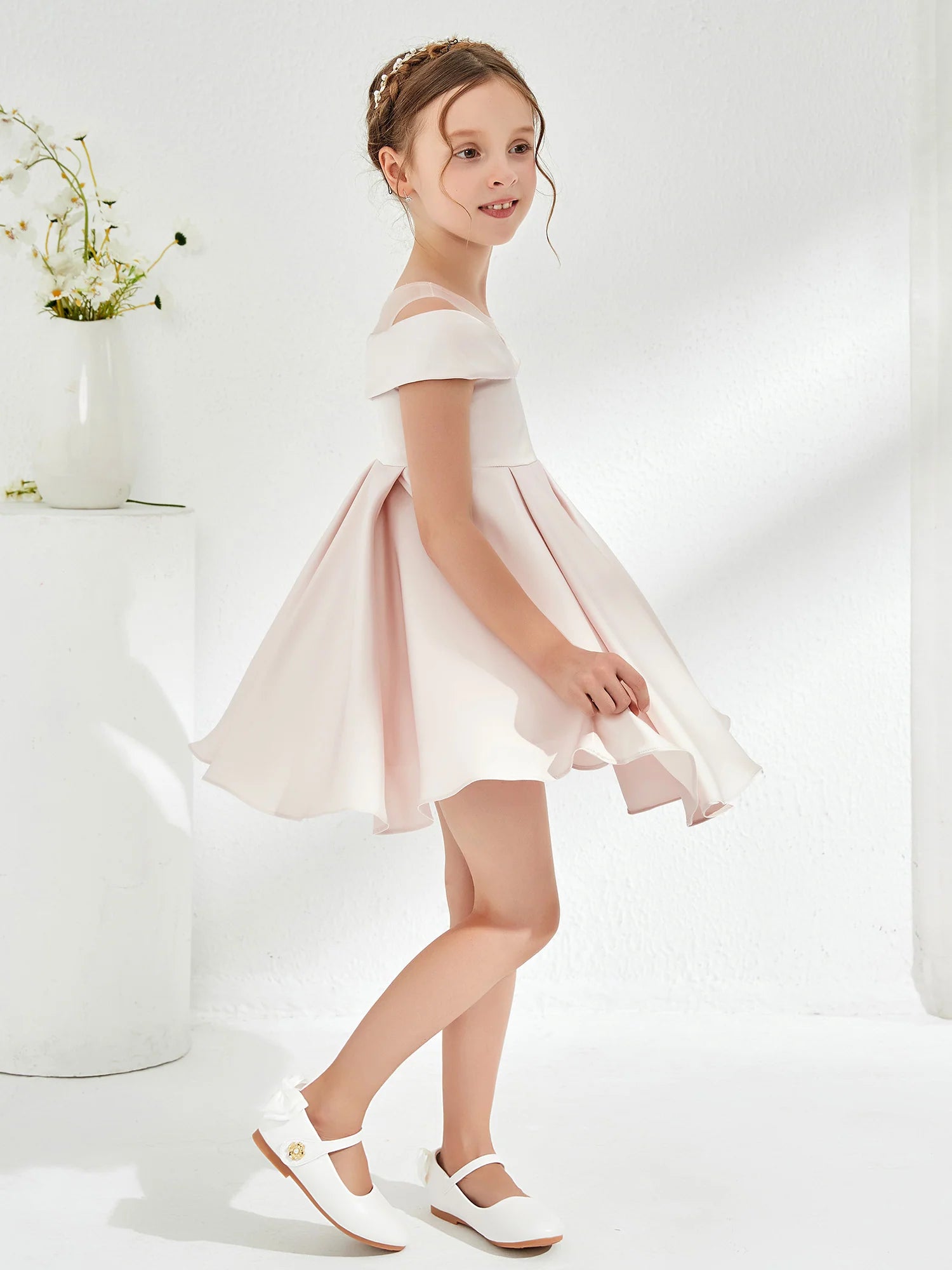 Off Shoulder Mesh Neck Pleated Blush Satin Knee Swing Flower Girl Dresses