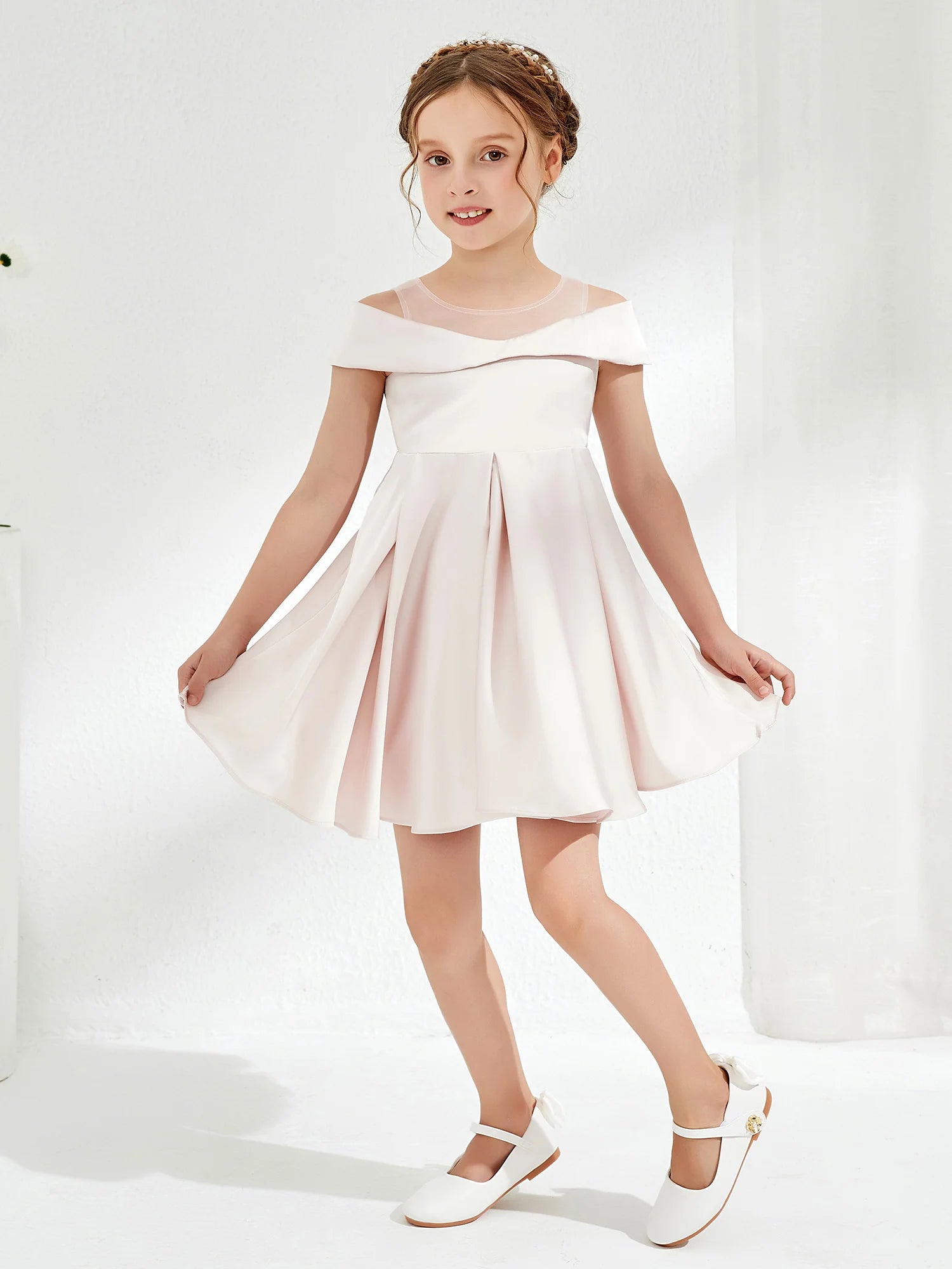 Off Shoulder Mesh Neck Pleated Blush Satin Knee Swing Flower Girl Dresses