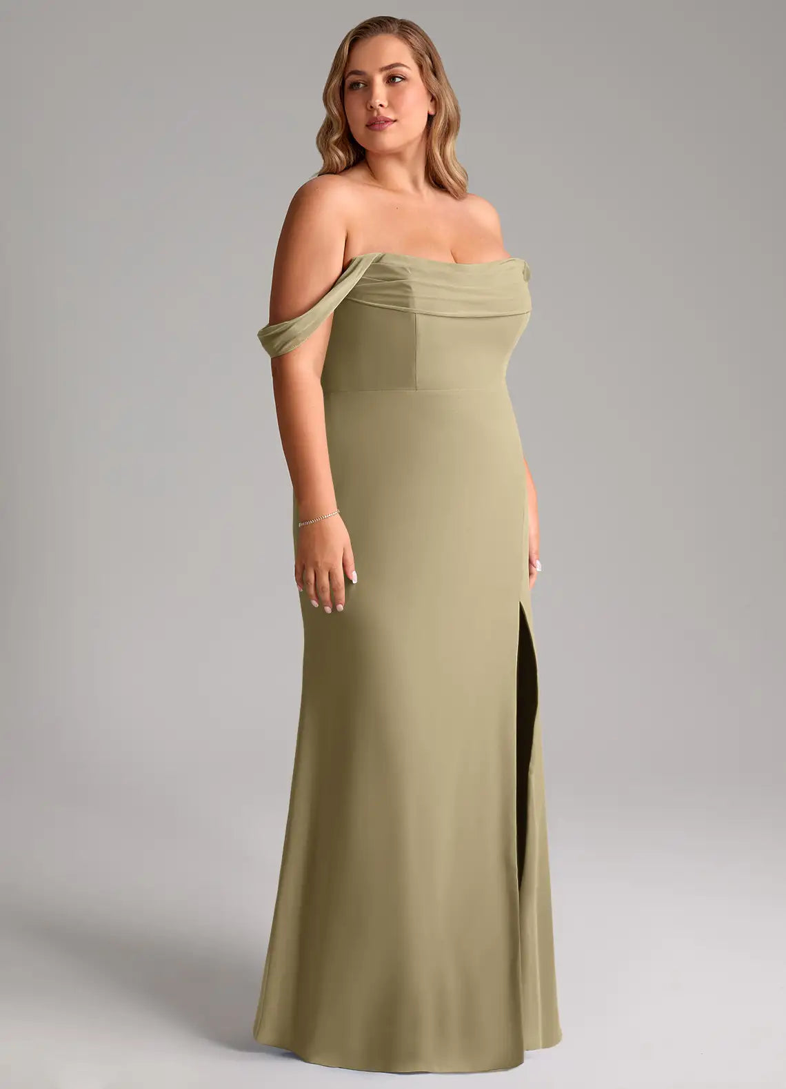 Off-Shoulder Pleated Slit Floor-Length Plus Size Bridesmaid Dress