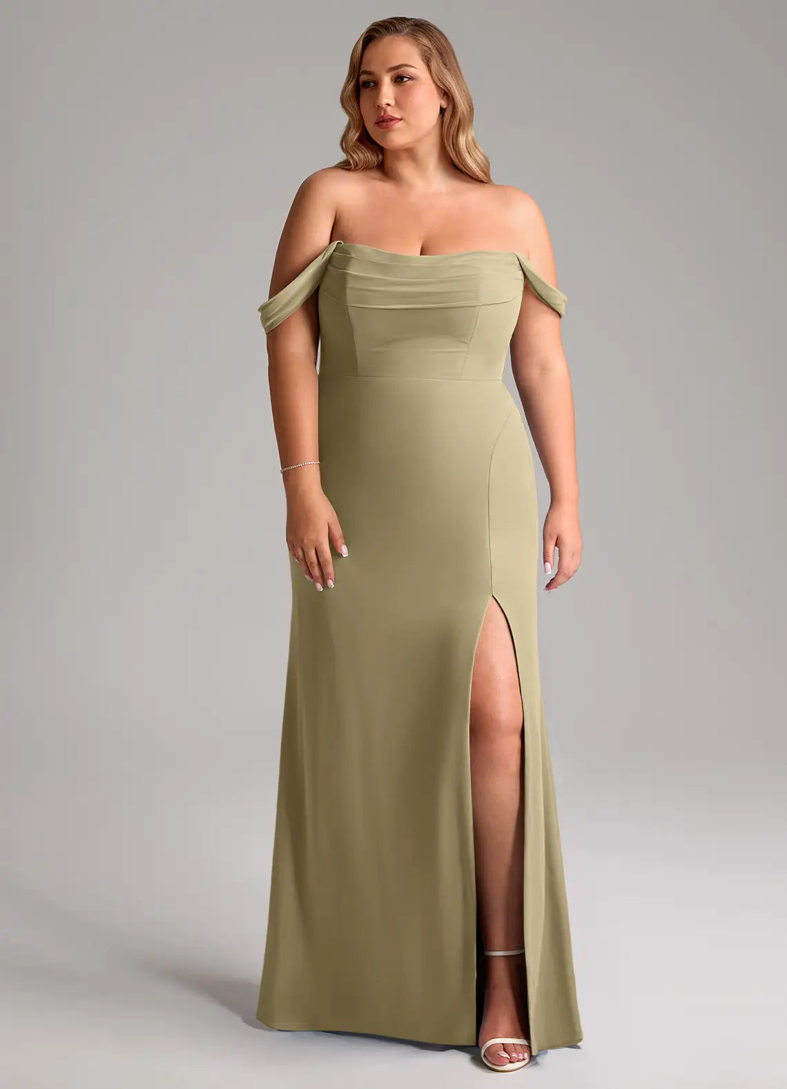 Off-Shoulder Pleated Slit Floor-Length Plus Size Bridesmaid Dress