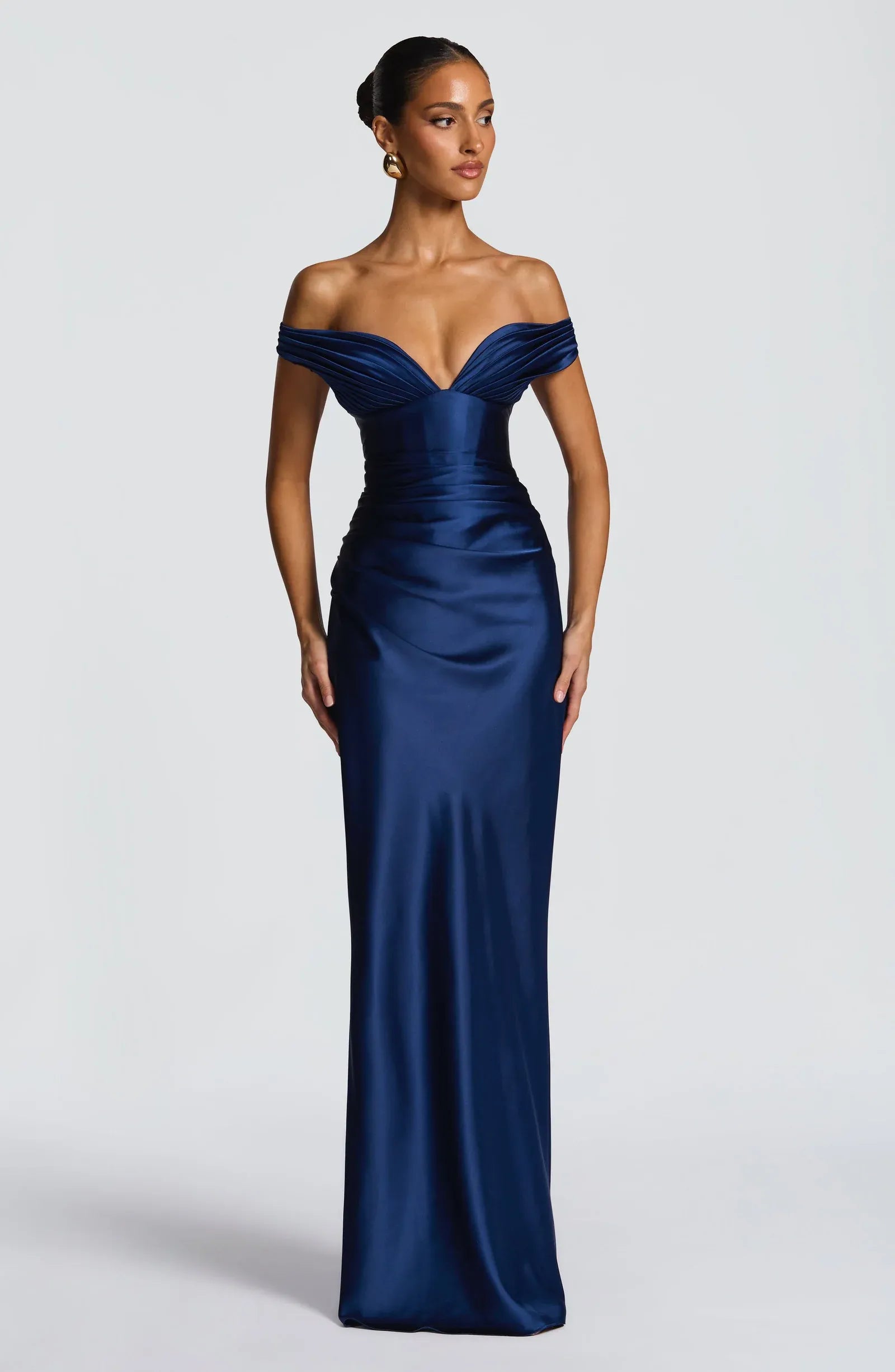 Off Shoulder Pleated V Neck Ruched Waist Navy Satin Mermaid Maxi Bridesmaid Dresses