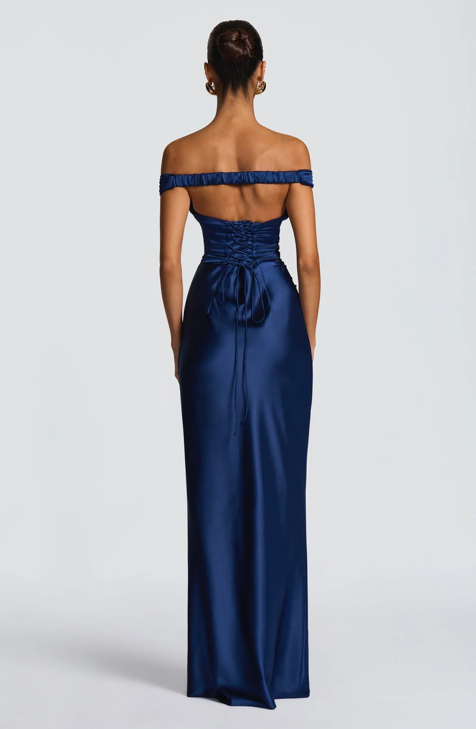 Off Shoulder Pleated V Neck Ruched Waist Navy Satin Mermaid Maxi Bridesmaid Dresses