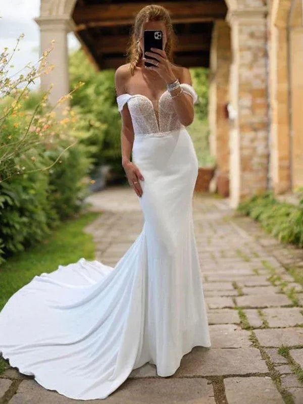 Off Shoulder Plunge V Lace Mesh Corset Soft Chiffon Mermaid Wedding Dress