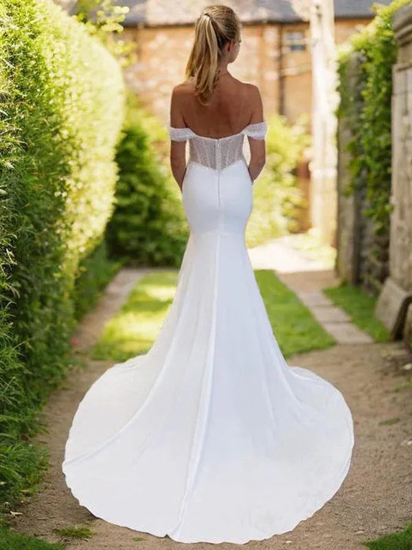 Off Shoulder Plunge V Lace Mesh Corset Soft Chiffon Mermaid Wedding Dress