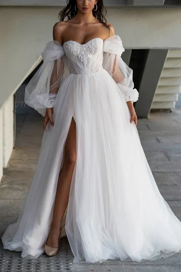 Off‑Shoulder Puff‑Long‑Sleeve Beaded Corset Tulle A‑Line Wedding Dress With High Slit