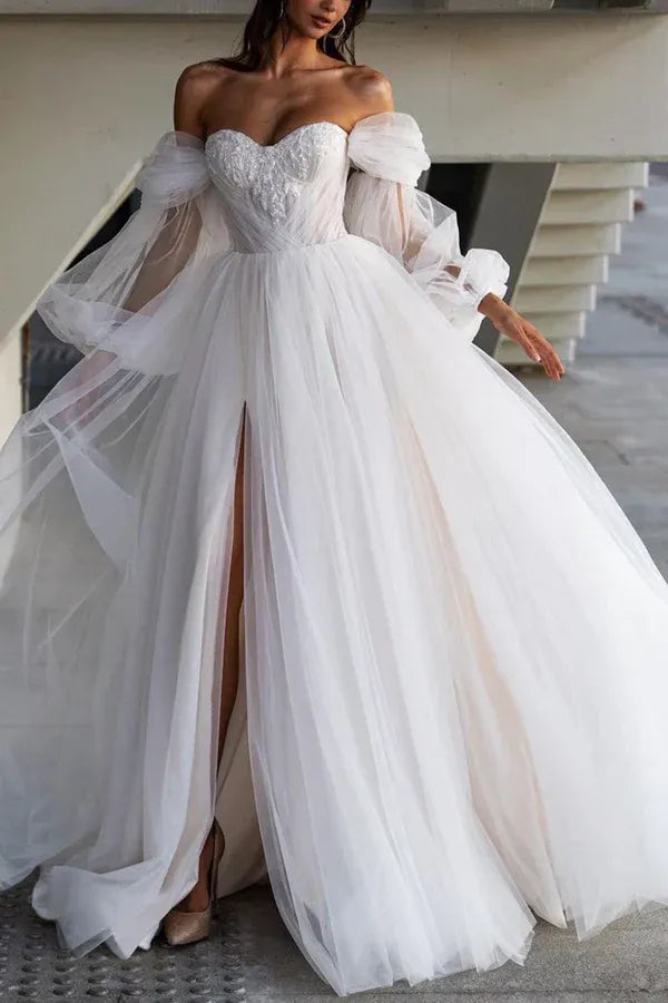 Off‑Shoulder Puff‑Long‑Sleeve Beaded Corset Tulle A‑Line Wedding Dress With High Slit